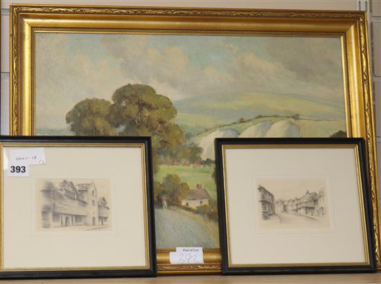 P.Stubbing, oil on board of a Sussex view and 2 drawings of Steyning 34 x 49cm & 8 x 11cm.